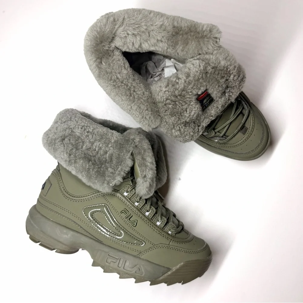 Fila Women’s Disruptor Shearling Mid Calf Lace Up Olive Green Boots Size- 6.5